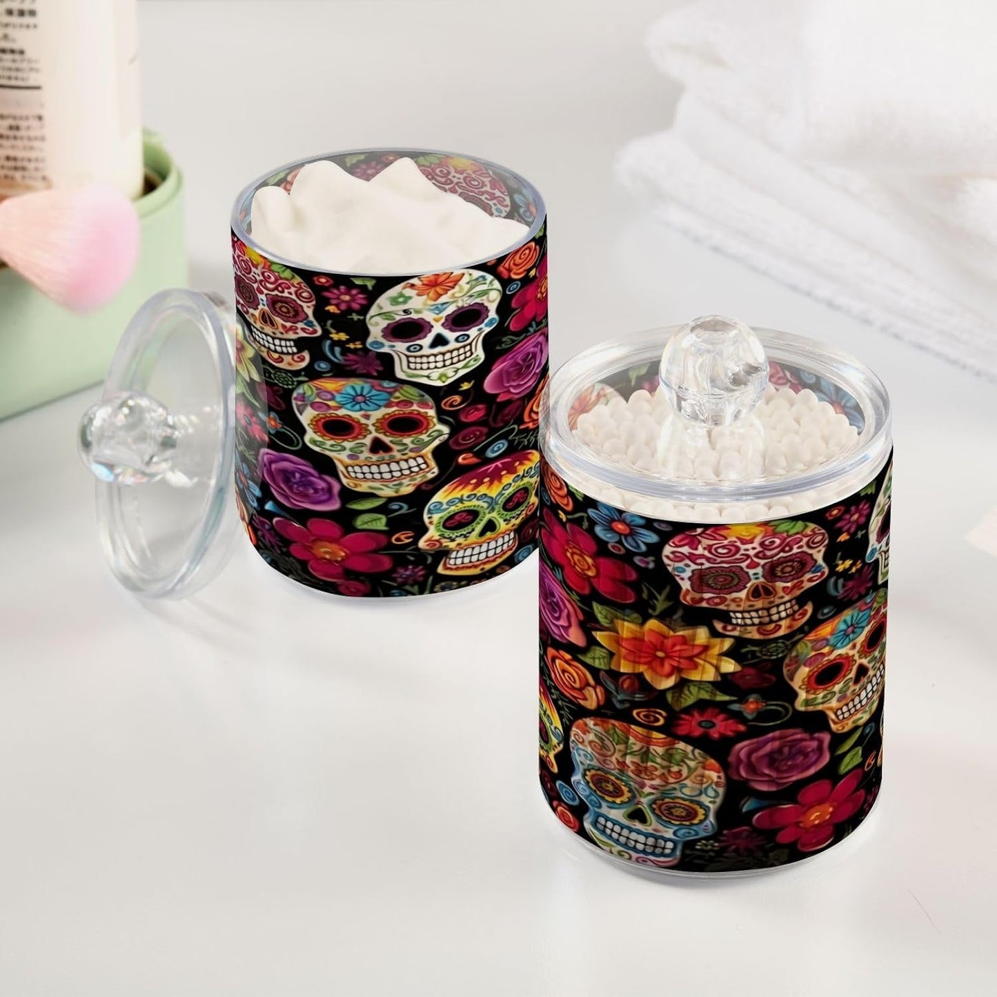 Colorful Skulls 2PC Airtight Transparent Plastic Storage Jar Food Storage Container Plastic for Food Herbs Tea etc with Storage Lid easy to use and clean With lid Easy To Use