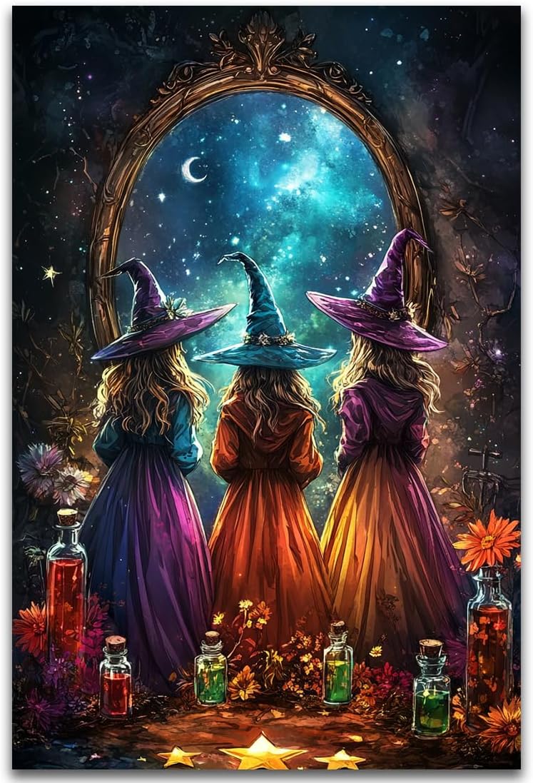 Witch Poster Halloween Fall Wall Art Decor,Three Witches with Magic Potion Mirror Colorful Vintage Print,Dark Academia Spooky Canvas Art Prints for Home Living Room,24"x36" Unframed