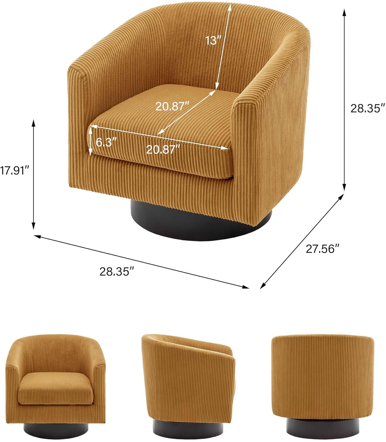 Swivel Barrel Accent Chair, Modern Round Corduroy Fabric Arm Chair for Living Room, Bedroom, Comfy Club Reading Chairs for Adults, Corduroy Orange, Set of 2