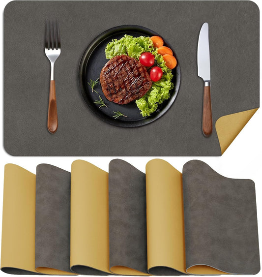 BLESWIN Faux Leather Placemats, PU Dining Table, Waterproof and Oil Resistant Easy to Clean, Heat Resistant Reversible Use Table Mats for Kitchen, Dining Table, Outdoor – 12 × 17 Inch, Mud&Dark Yellow