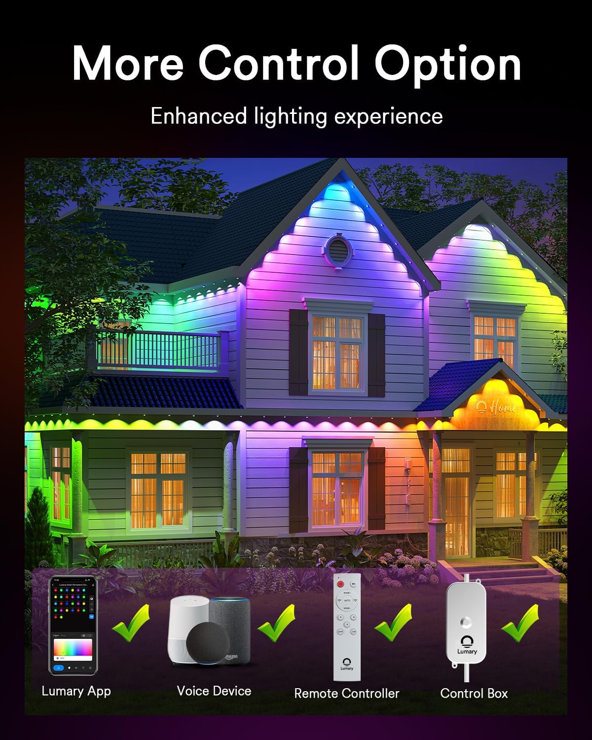 Lumary Smart Permanent Outdoor Lights Pro, 105ft with 80LED 50lm RGBAICW Eave Lights, IP67 Waterproof, Multi Scenes for Daily and Accent Lighting Decor, Work with Alexa, Google, APP, Remote Control