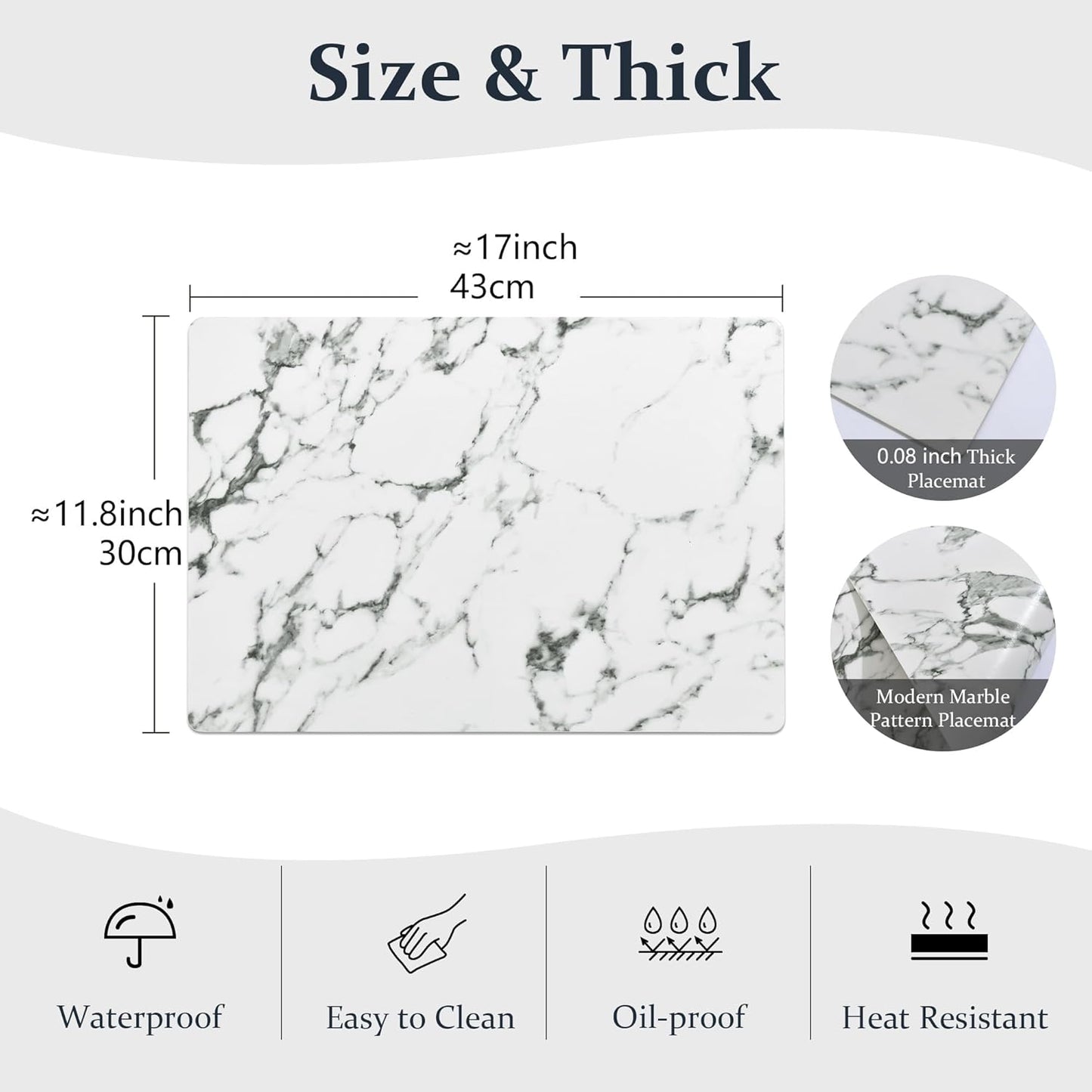 FROMHEART Faux Leather Placemats Set of 6–Waterproof,Heat/Oil Stain-Resistant PU Table Mat–Reversible,Easy to Clean Place Mats for Kitchen,Dining,Indoor/Outdoor,(Marble,11.8" x 17")