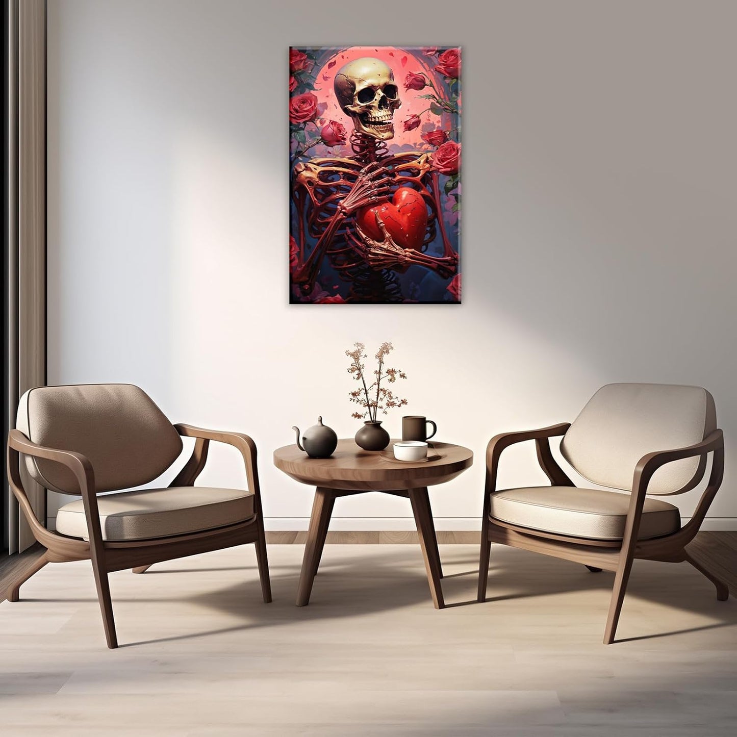 OAAPITI Skull Skeleton Canvas Wall Art Skull Holding Heart Picture Print Romantic Theme Painting Artwork Gothic Poster Wall Decor Living Room Halloween Decor(Artwork-1,28"x42")