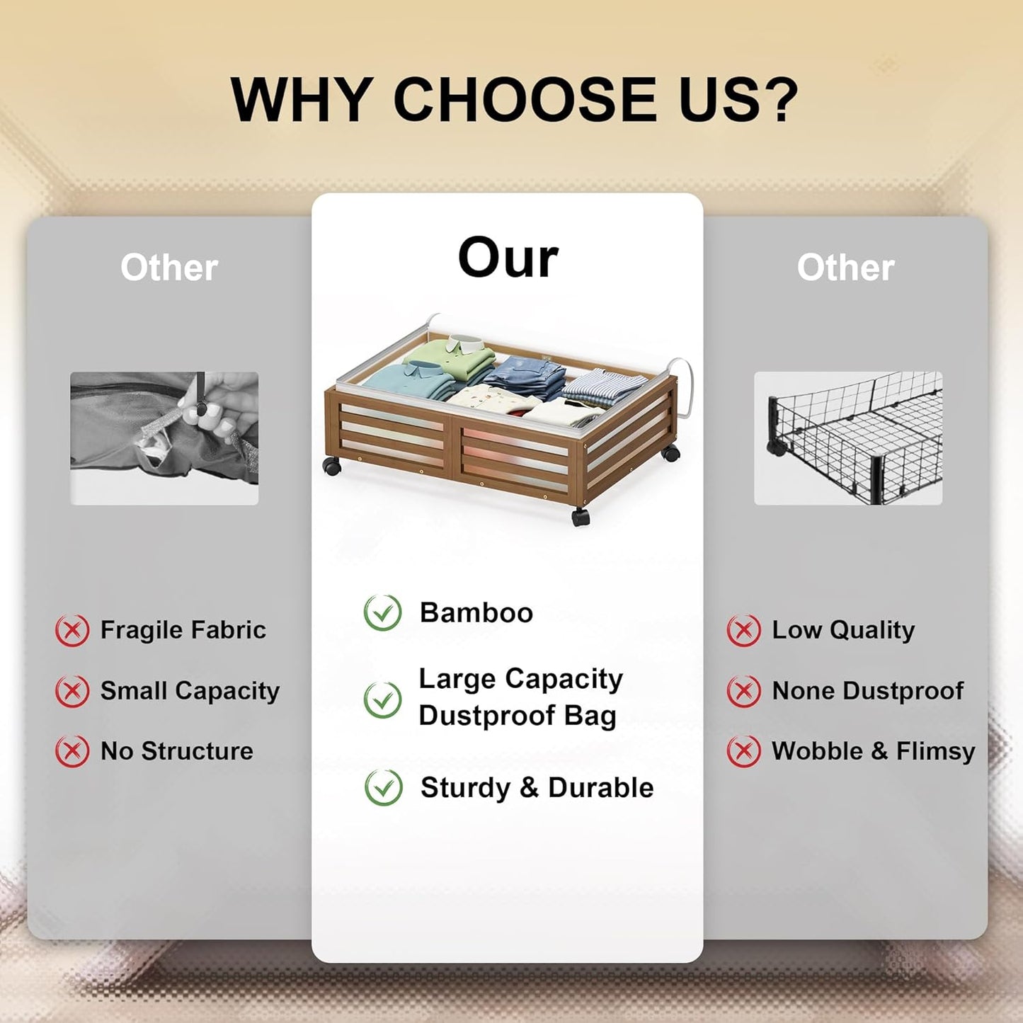 Under Bed Storage with Wheels-Large Bamboo Underbed storage Containers with Large Dust Bag Stackable Under the Bed Shoe Storage Bins for Clothes Books Bedding (2 Packs walnut, 23.62"L×16.54"W× 6.51"H)