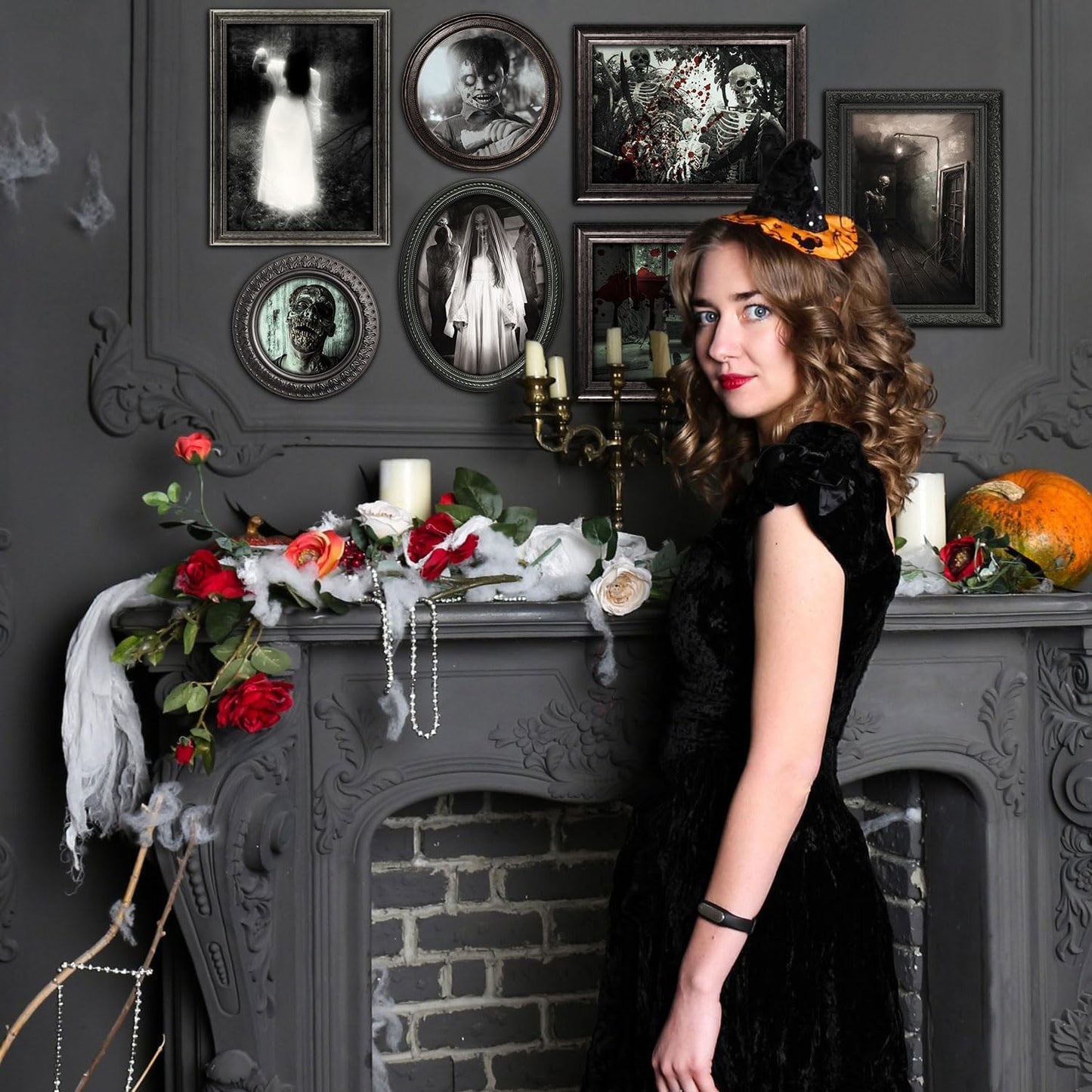 15 Halloween Gothic Creepy Skull Photos Haunted Horror Picture Frame, Waterproof Durable, with 80pcs Self Adhesive Dots，Creepy Photo Decoration For Haunted Family Castle Masquerade Party Black