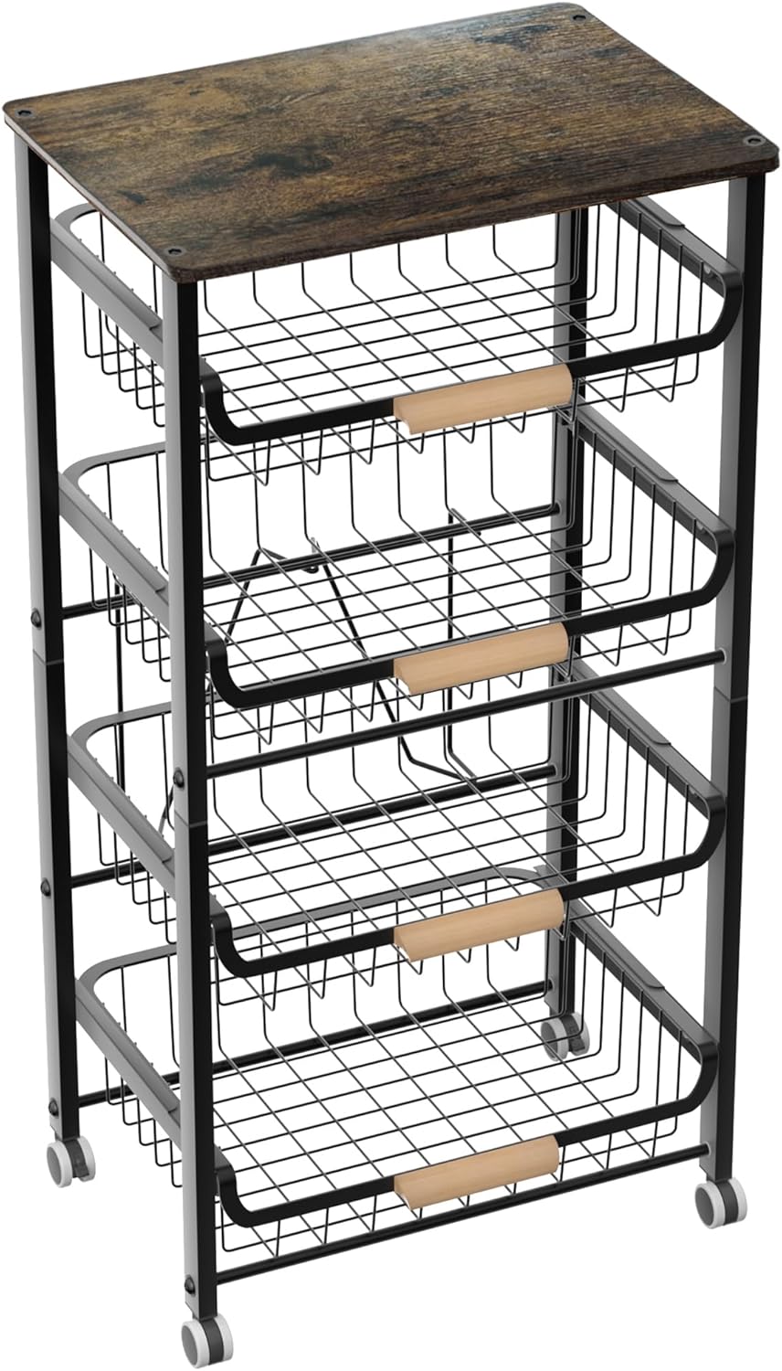 5-Layer Fruit Basket Kitchen Food Organizer and Rack, Stackable Storage Cart with Desktop, Pull-Out Hollow Metal Basket, Wheeled Sorting Rack Spice Rack, Black