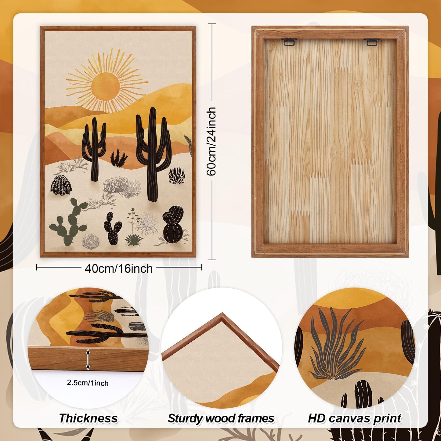 KAIRNE Cactus Canvas Wall Art,Desert Landscape Paintings,Aesthetic Abstract Prints Set of 3(16”X24”),Minimalist Farmhouse Wall Decor,Abstract Boho Artwork for Living Room Bedroom Office Decoration