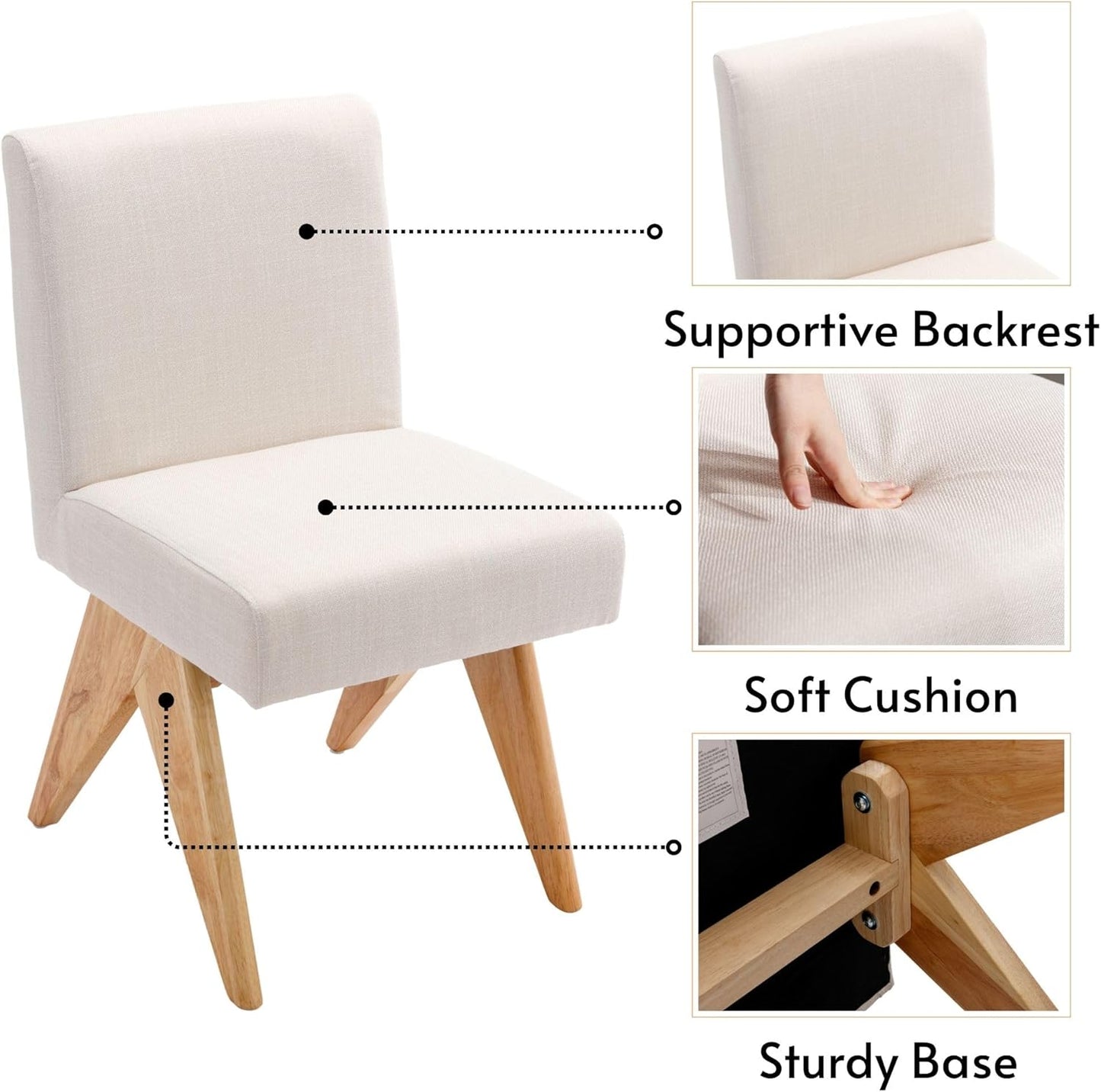 Mid Century Modern Farmhouse Dining Chairs Set of 6, Upholstered Armless Kitchen Chairs with Back and Wooden Legs, Linen Beige