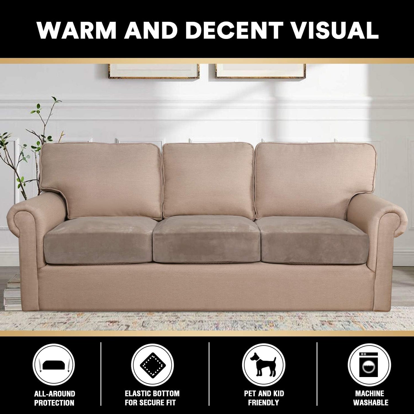 PrinceDeco Velvet Stretch Couch Cushion Cover Soft Cushion Slipcover for Chair Loveseat Sofa Furniture Protector Seat Cushion Sofa Cover (Each Width Up to 29.5", Taupe)