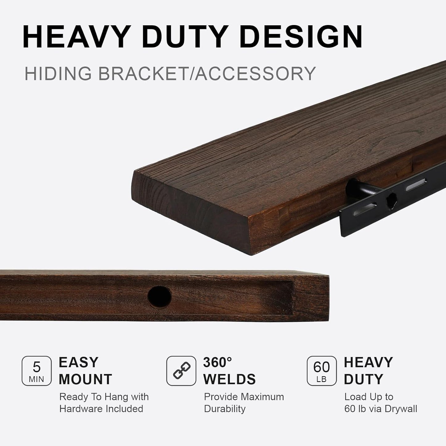 Floating Shelves Set of 2, Aged Elm Wood Picture Ledge Shelf, Floating Shelves for Wall for Bedroom Kitchen Bathroom Living Room (Walnut, 24 inch)