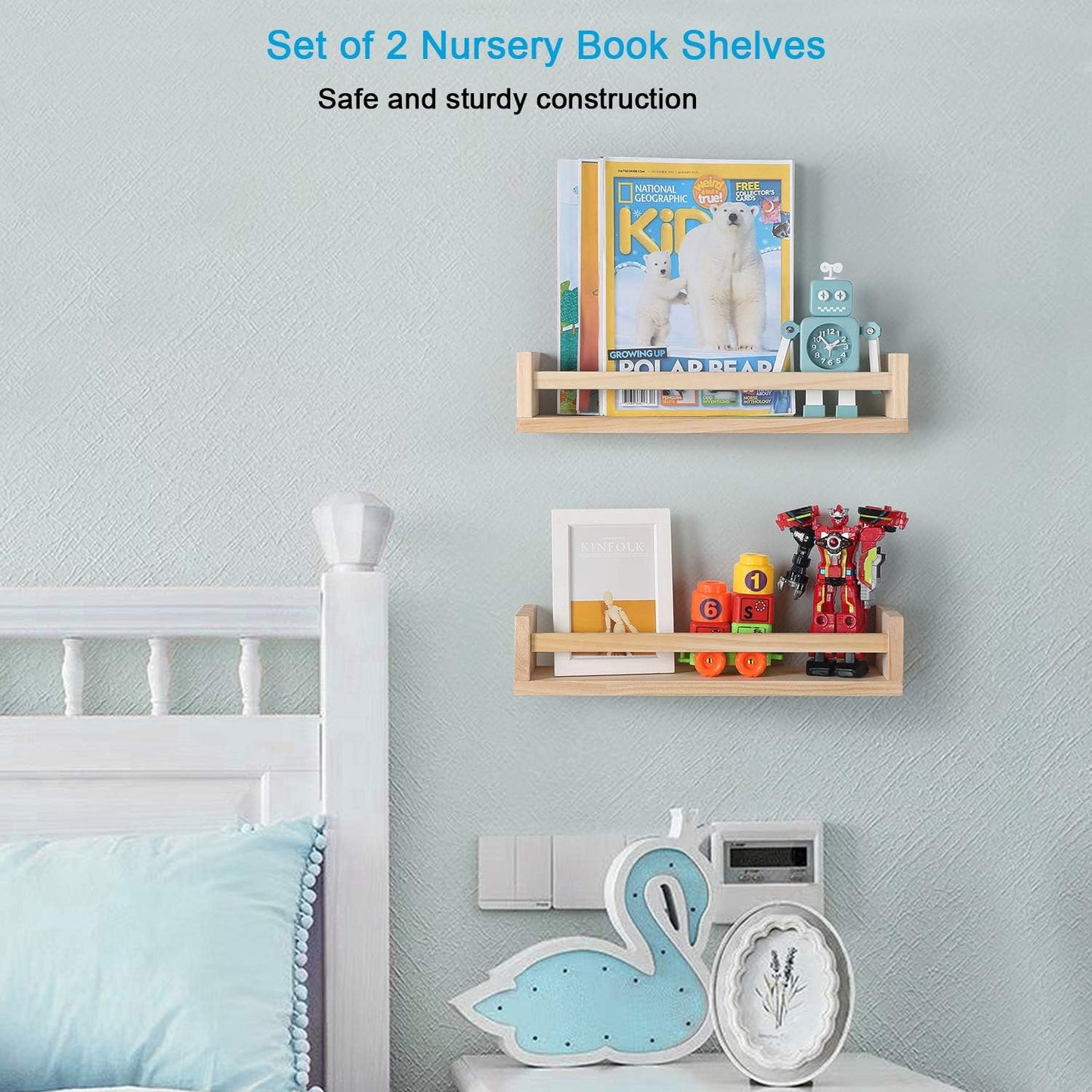 Nursery Floating Book Shelves for Kids Room, Kitchen Spice Rack, or Rustic Wall Mounted Shelves for Farmhouse Bathroom Decor (Natural Wood),Set of 2