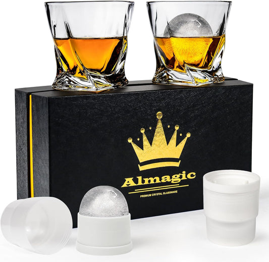 Crystal Whiskey Glasses Set of 2 with Ice Ball Molds, 11 Oz Old Fashioned Glasses Packaged in Giftable Box, Twisted Style Bourbon Glasses Gifts for Men, Stylish Whiskey Glasses Set