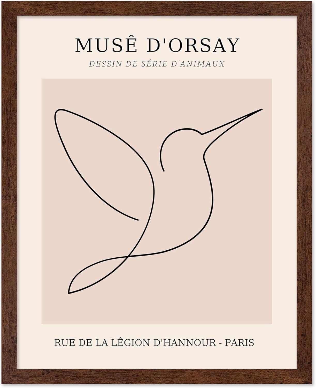 Poster Master Vintage Poster - Retro One Line Hummingbird Drawing Print - Bird Line Art - Minimal Gift for Him, Her, Animal Lover - Abstract Decor for Home, Office, 16x20 Brown Framed