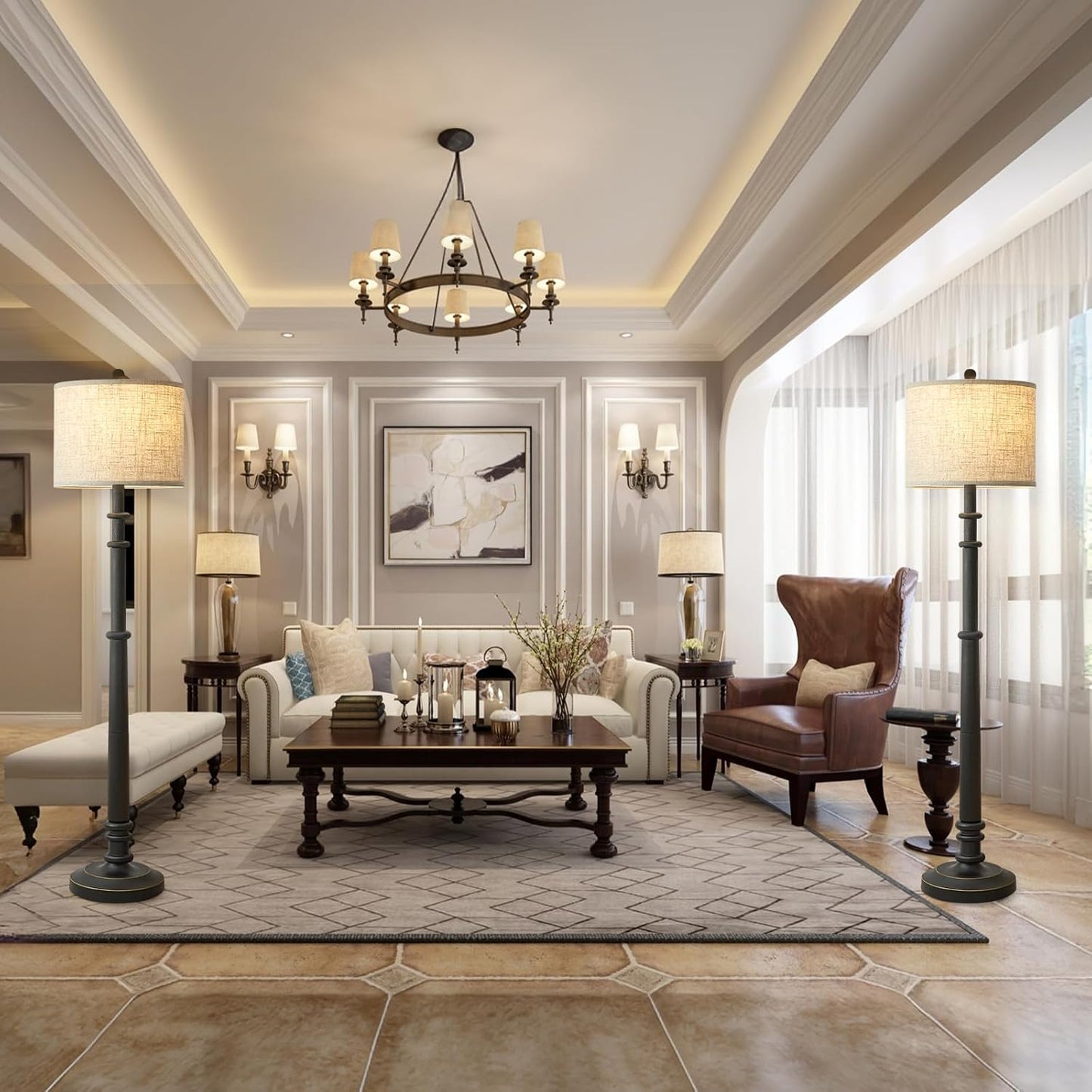 Floor Lamps for Living Room - 60" Resin Farmhouse Floor Lamp with 3 Color Temperatures - Vintage Standing Lamp Reading Light with Linen Shade Retro Tall Lamp for Bedroom Office, Black