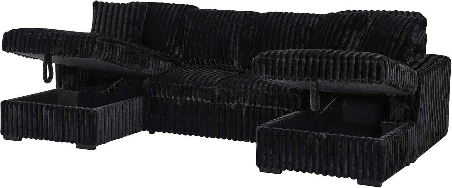 THSUPER Oversized U Shaped Plush Corduroy Fluffy Sectional Sleeper Sofa with Pull Out Bed and Double Storage Chaise for Living Room - Black