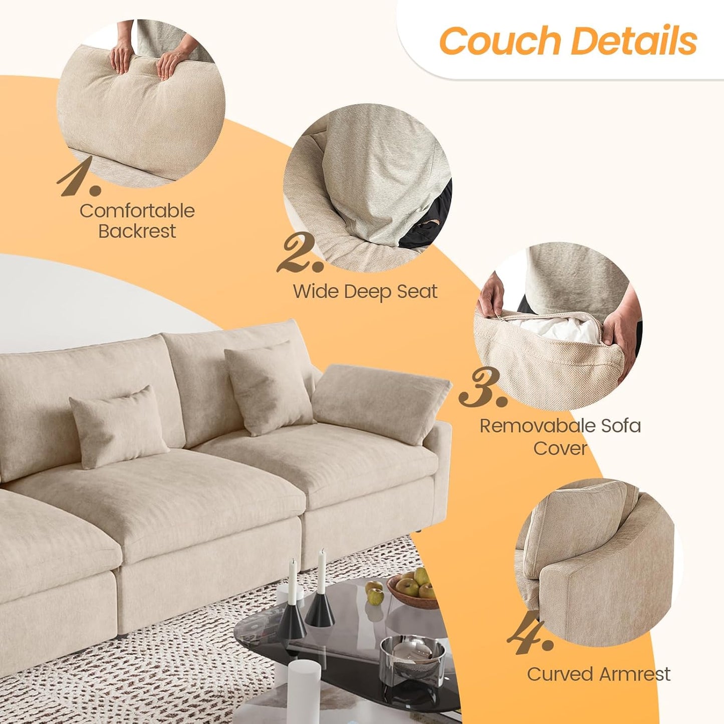 JACH Sectional Couches for Living Room, Cloud Sectional Couch with Deep Seat, Down Filled Modular Sofa, Covers Removeable & Washable, Love Seat Sofas Furniture for Living Room, Khaki