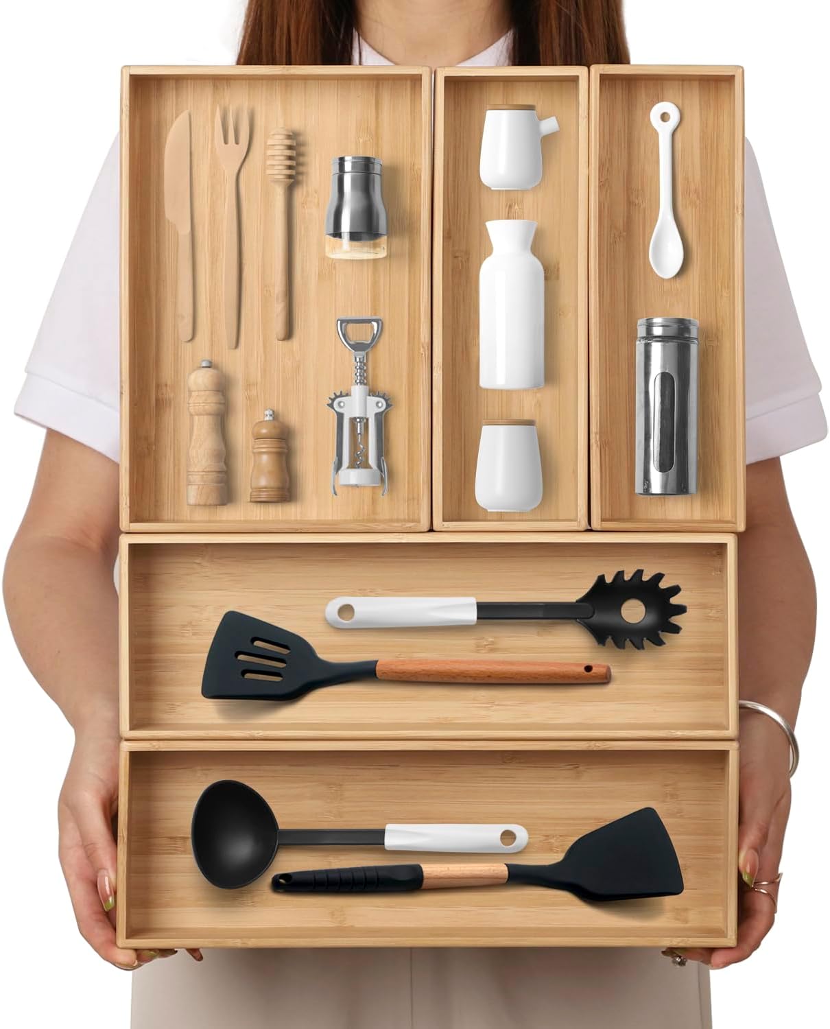 Stack Bamboo Drawer Organizer Set of 5, Kitchen Utensil, Flatware&Silverware Organizer-Wood Laminated Stackable for Kitchen, Bedroom, 13.4''x4.5''*2+10.2''x3.3''*2+10.2''x6.7''*1