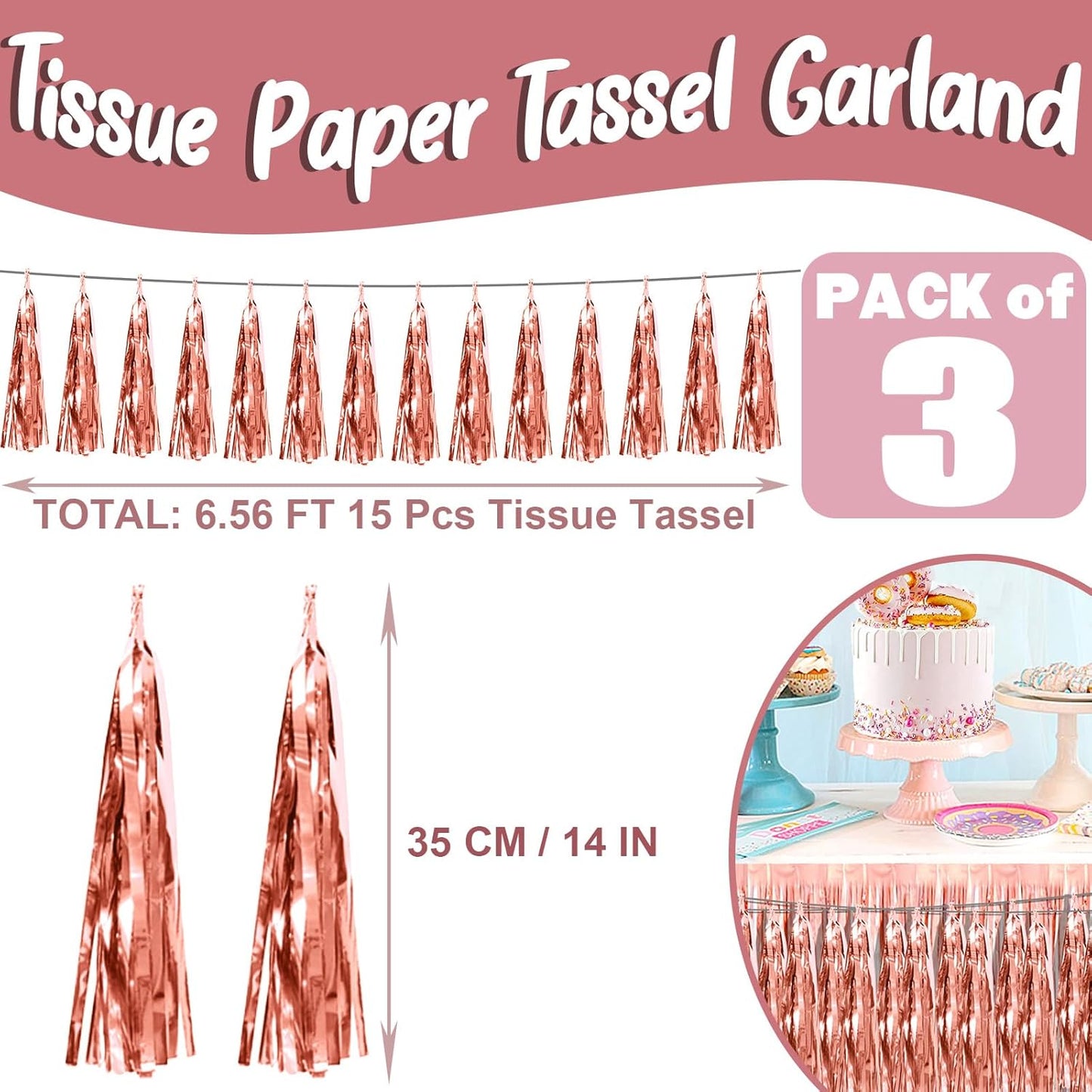 3P Rose Gold Foil Fringe Metallic Tassel Streamers Banner Tassel Garland for Parade Floats, Bachelorette, Wedding, Birthday, Halloween, Christmas, Bridal/Baby Shower Party Decorations