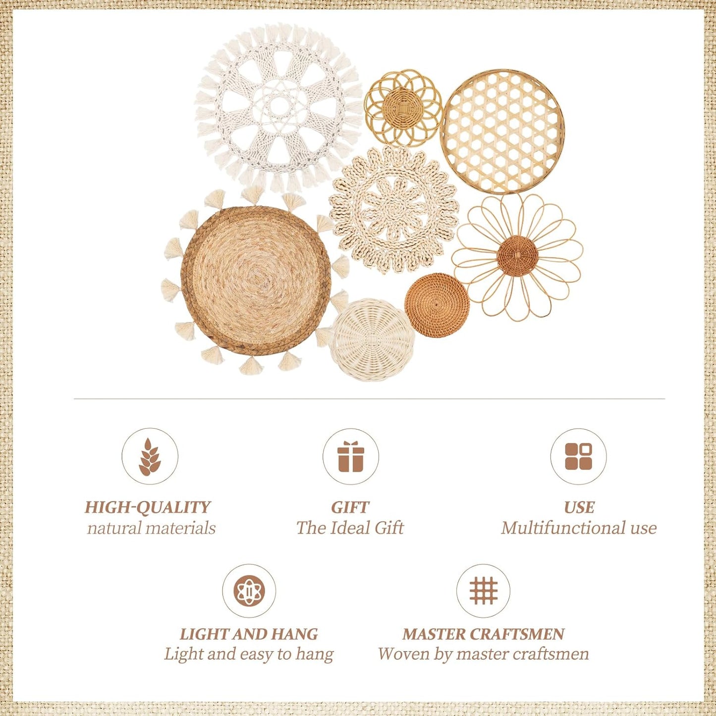 Boho Wall Basket Decor Set of 8 - Flat Woven Basket Wall Hanging Decor,Round Tassels White Macrame Tapestry Wall Decor Art,Handmade Rattan Wicker Seagrass Home Wall Baskets Decor（Boho Classic)