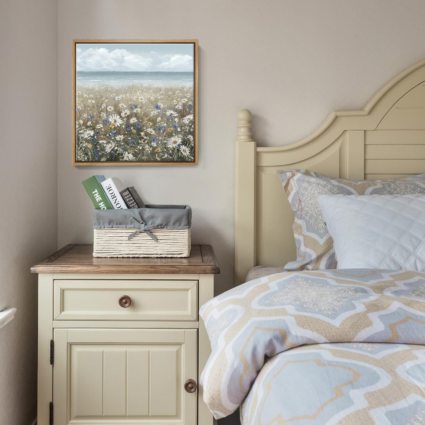 amatop Framed Wall Art Bathroom Décor Boho Beach Coastal Vintage Floral Wall Picture Flower Daisy Flowers by Sea Canvas Print Nautical Small Artwork For Home Farmhouse Living Room Bedroom Office