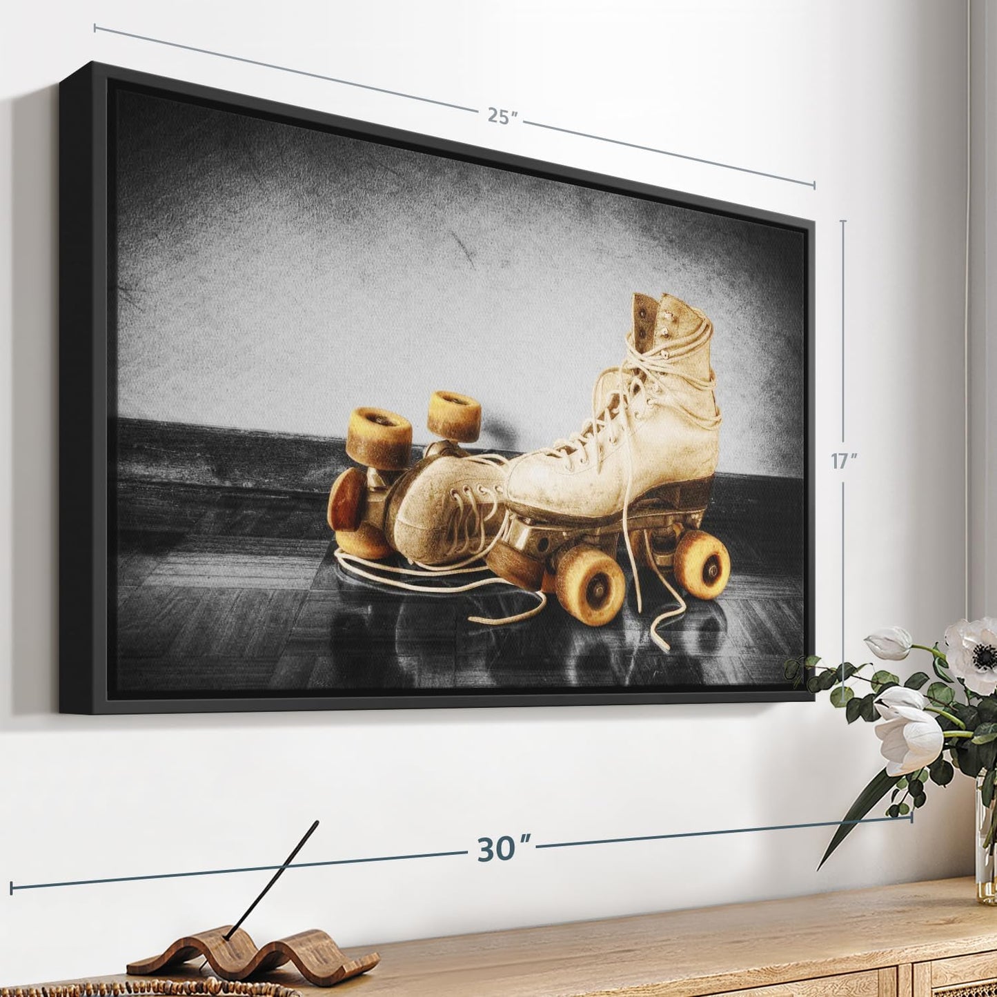 ElephantStock Vintage Skates Pop Wall Art - Horizontal Framed Canvas - 1-Piece Living Room Wall Decor - Sport Photography Canvas Print - Beige and Black Decor for Wall - 25" X 17"