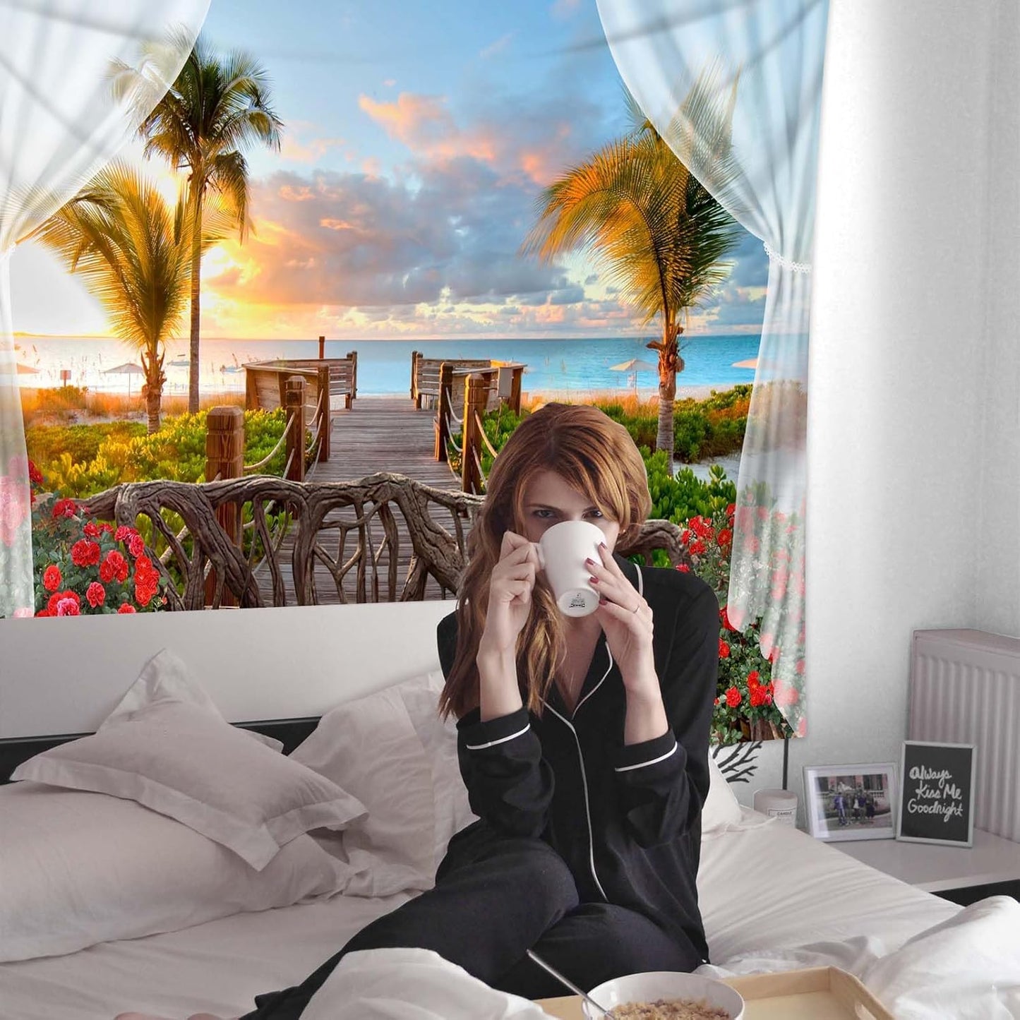 dueeia Beach Window Tapestry Wall Hanging Beachy Coastal Ocean Nature Tropical Landscape Scenic Tapestries for Bedroom Living Room Wall Decor (90.6"x70.9")