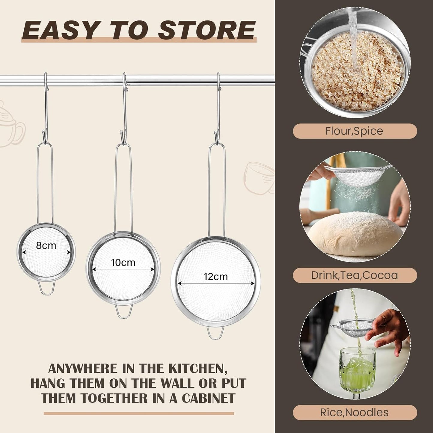 Norme 4 Quart Stainless Steel Silver Colander and 3 Pcs Silver Fine Mesh Strainer, Stainless Steel Pasta Rice Food Metal Strainer with Handles, Easy Clean and Dishwasher Safe