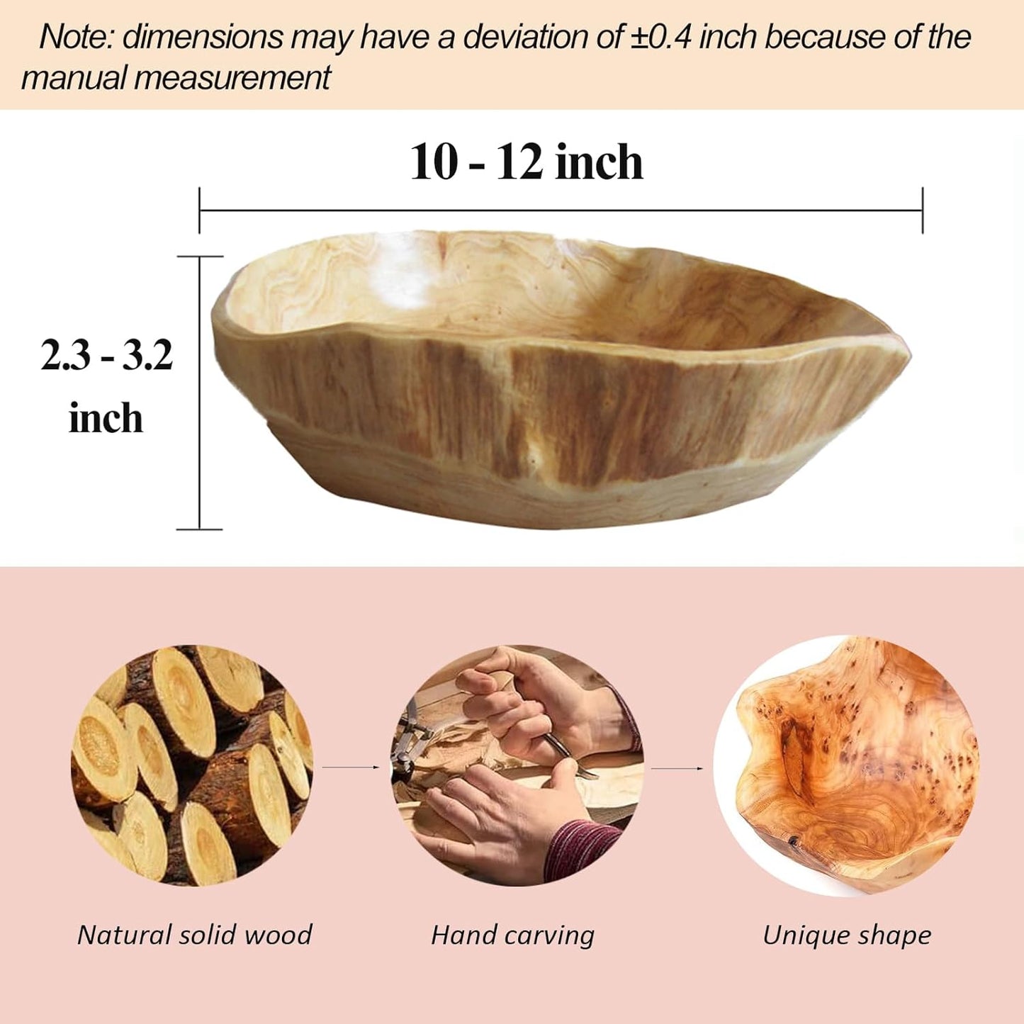 Wooden Bowl Decorative Natural Wood Fruit Bowl, Irregular Creative Wood Bowls, Rustic Hand Carved Candy Snack Keys Serving Bowls for Home Decor (10"-12" Diameter)