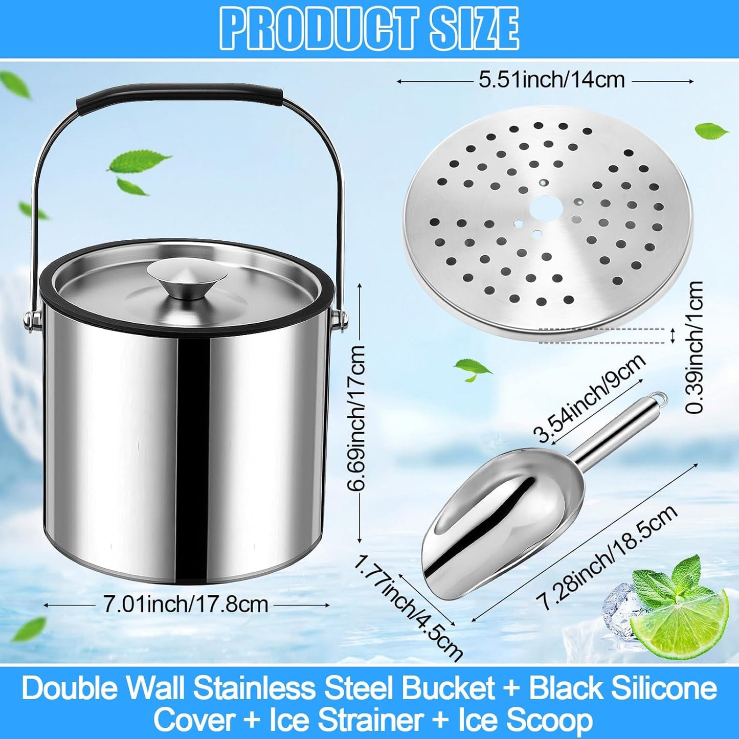 meekoo 3 L Double Wall Insulated Stainless Steel Ice Bucket with Lid, Scoop, Strainer, Handle Large Wine Ice Bucket Upgraded Cover Keep Frozen Longer for Cocktail Bar Parties(Silver)