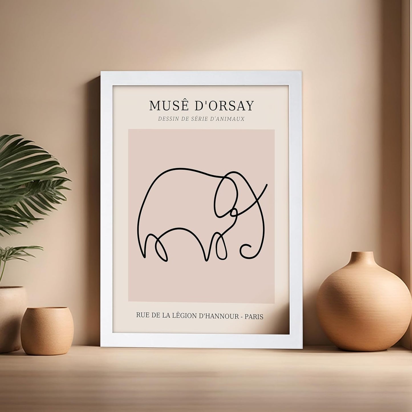 Poster Master Vintage Poster - Retro One Line Elephant Drawing Print - Elephant Art - Minimal Gift for Men, Women, Animal Lover - Abstract Wall Decor for Home, Office, 16x20 White Framed