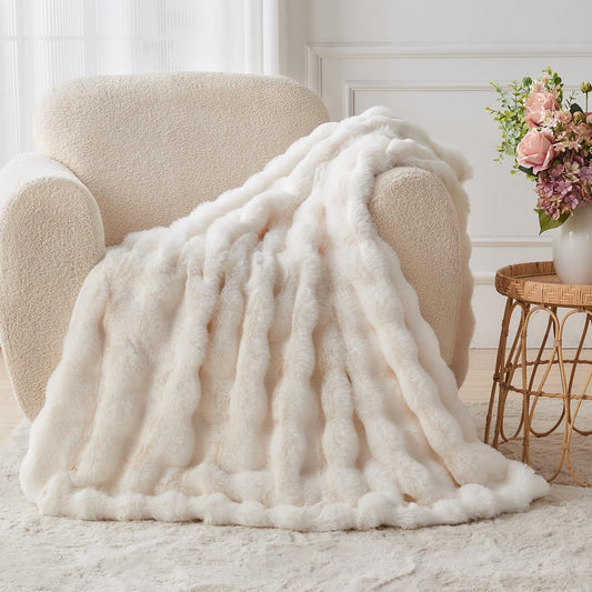 Lotus Karen Faux Fur Throw Blanket Cream White - Big Bubble Rabbit Fluff Blanket for Couch, Small Fluffy Fuzzy Cozy Blanket, Thick Furry Plush Shaggy Blankets, 50x60 Inches
