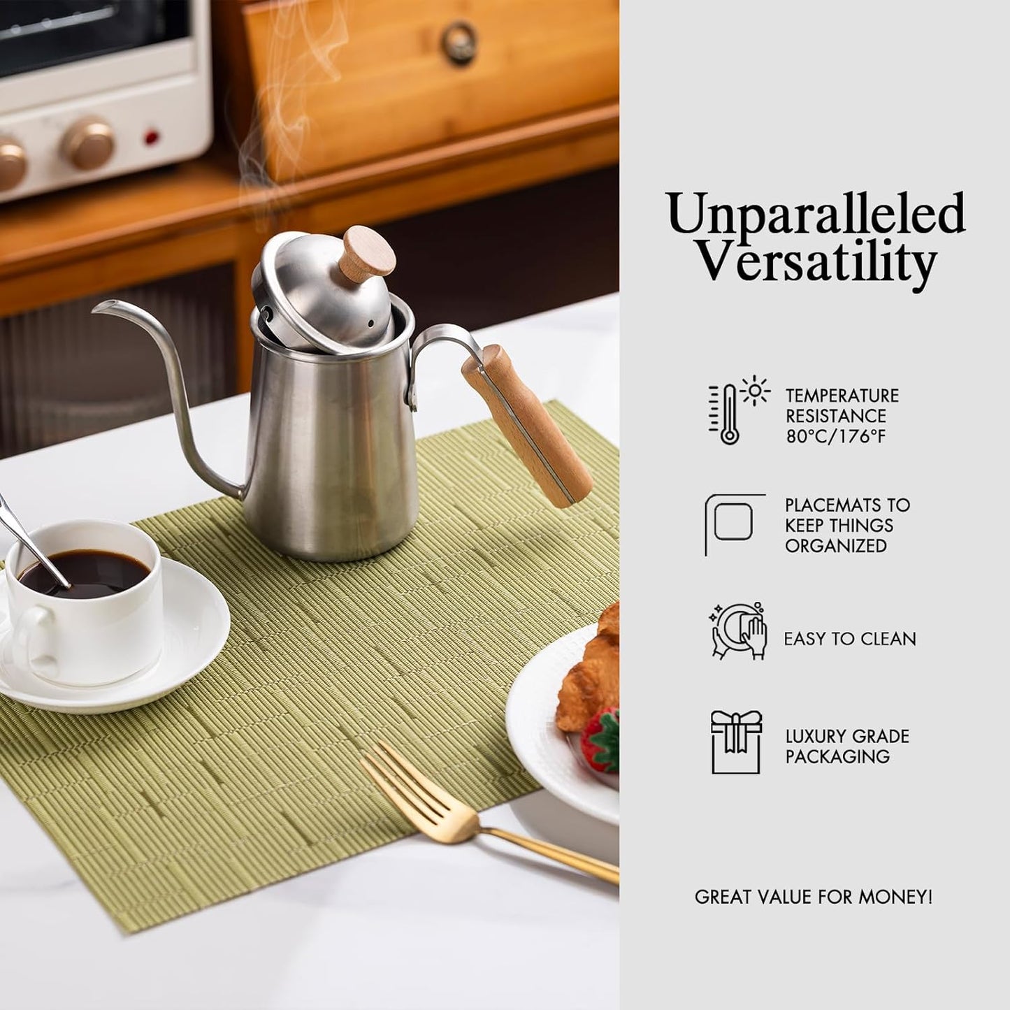 Placemats Set of 12 - Easy Clean Woven Vinyl Placemats for Dining Table, Indoor/Outdoor Place Mats, Washable PVC Table Mats （Pea Green）