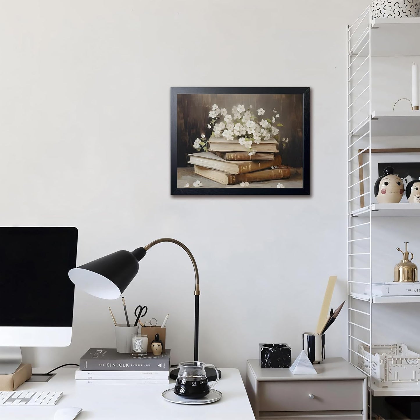 Wood Framed Canvas Poster Print Wall Art, Vintage Floral Book Wall Decor Oil Painting, Dark Academia Room Aesthetics Picture for Bathroom Classroom Dormitory room Decor 12x16 inch