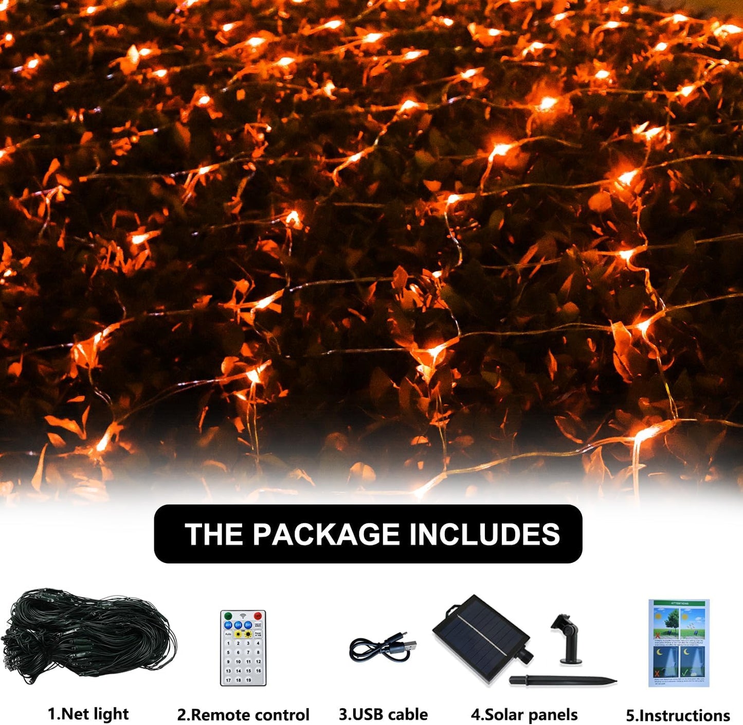 Solar Net Halloween Lights Orange Fall Decor, 200 LED Mesh Lights Outdoor, 19 Modes Transparent Wire Solar Powered Wrap Tree for Garden, Yard, Bushes, Trunk, Christmas Decor-9.8ft x 6.6ft