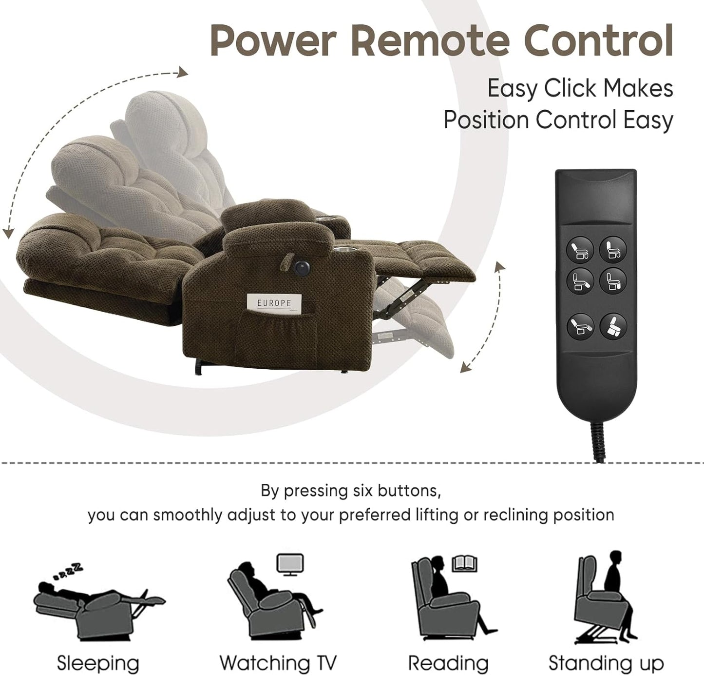 Oversized Dual Motor Lay Flat Power Lift Recliner Chair with Massage, Heating, Lumbar Pillow, USB & Type-C Ports, Textile Lift Chairs Recliners, Large Recliner for Big & Elderly People - Brown