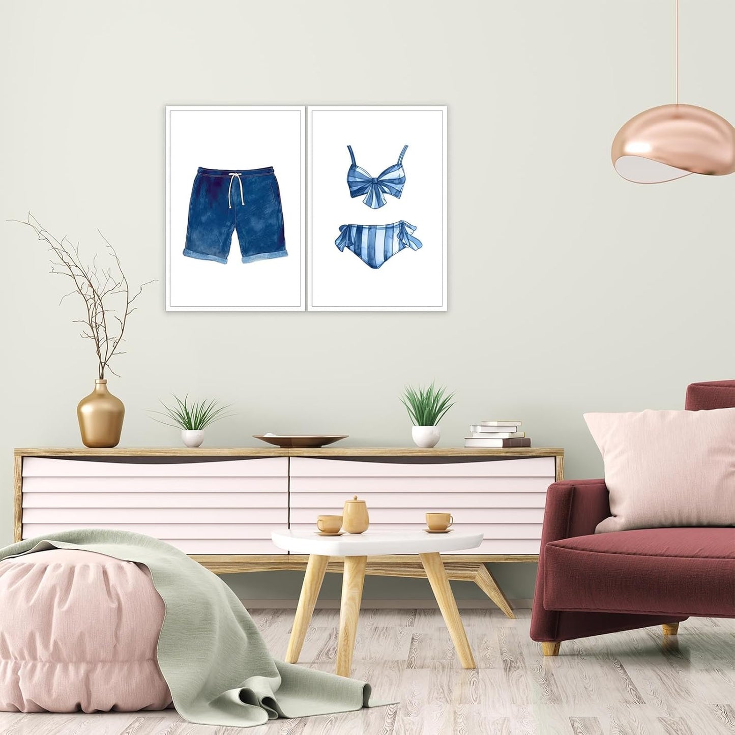 Liyark Set of 2 Retro Navy Blue And White Swimsuit Art Posters Beach Bathing Suit Prints Painting Beach House Wall Art Coastal Wall Decor Pictures For Bathroom Home Decoration 16x24in Unframed