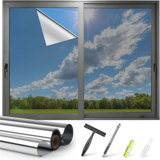 Kromapolis One Way Window Privacy Film Reflective Mirror Home Window Tint, Daytime Privacy Heat Control Anti UV Glass Tinting Static Cling (Silver, 45.2 x 157.4 inch)