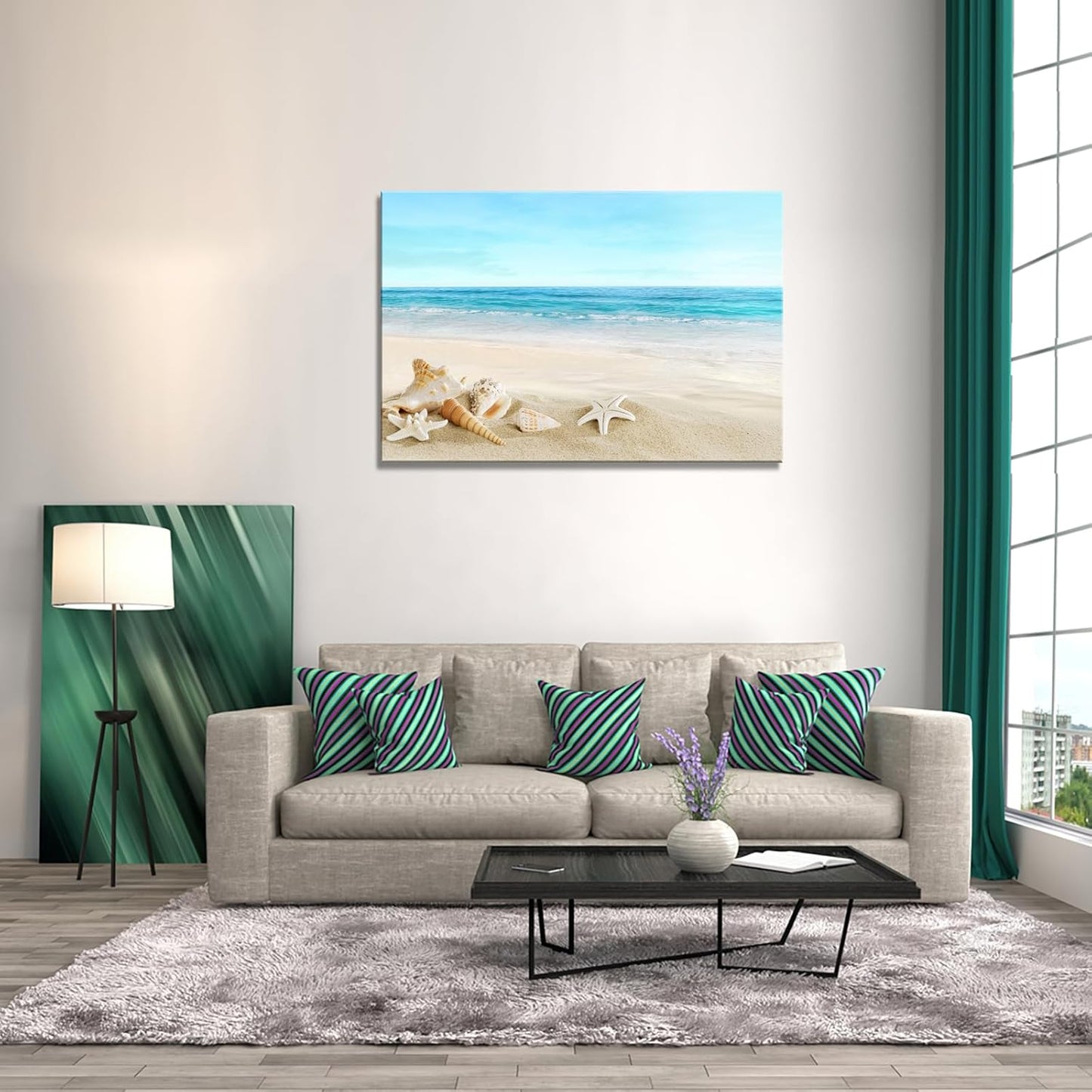 DZL Art S73981 Beach Picture Decor Ocean Painting Canvas Wall Art Prints of Starfish and Seashell on Sandy Seaside Ready to Hang for Living Room Bedroom Office Wall Decor Home Decoration
