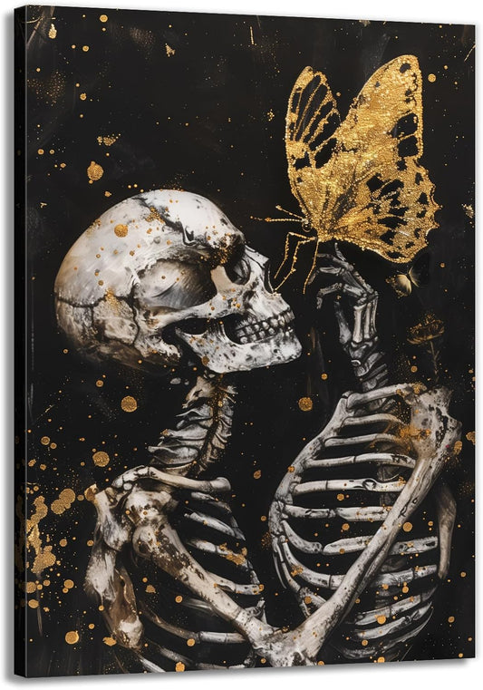 OAAPITI Skull Wall Art Skull and Gold Butterfly Canvas Print Abstract Modern Gothic Artwork for Bedroom Dark Art Decor(Artwork-7,24"x36")