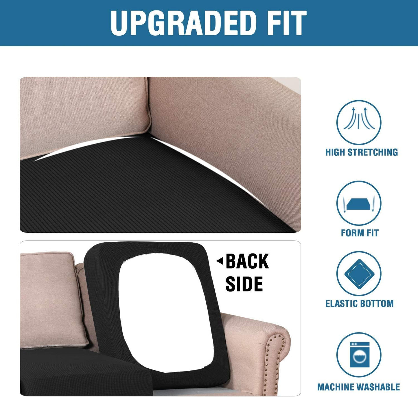 H.VERSAILTEX Super Stretch Individual Seat Cushion Covers Sofa Covers Couch Cushion Covers Slipcover Sets Thick Jacquard Textured Twill Fabric (2 Piece Large Sofa Cushion Covers, Black)