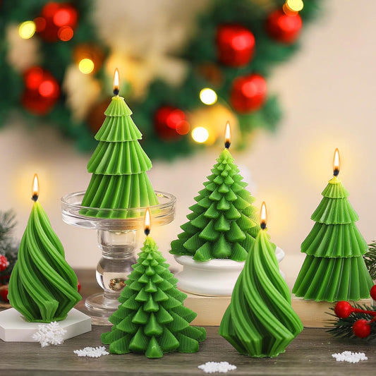 6 Pcs Christmas Tree Shaped Candles Xmas Wax Scented Candles Green Decorative Christmas Tree Gifts for Xmas Eve Winter Holiday Party New Year Bedroom Room Table Decor, 5 Mixed Styles