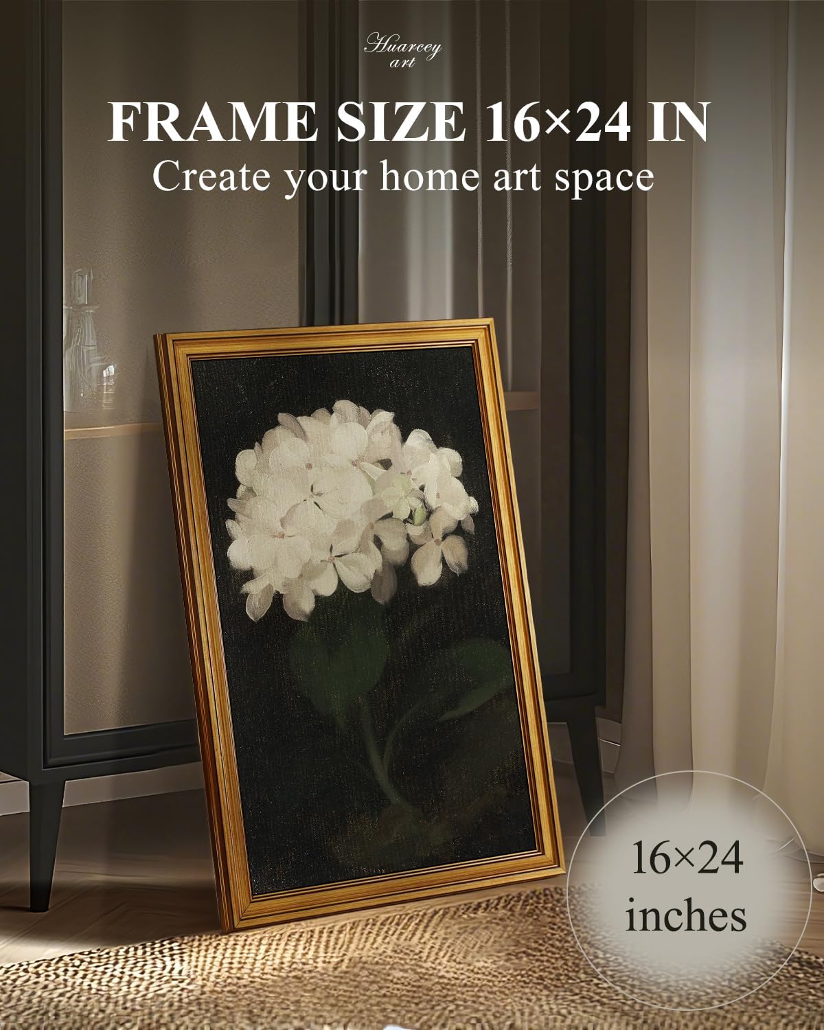 HUARCEY Gold Framed Vintage Wall Art for Living Room, Flowers Painting Canvas Prints Shelf Decor for Kitchen, Aesthetic Bedroom Wall Art, Christmas Gifts for Friends Family (White Hydrangea 16"x24")