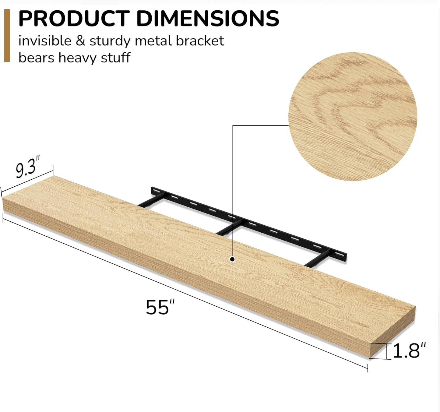 Fun Memories 55 Inch Floating Shelves - 9 Inch Deep Rustic Wooden Wall Shelves - Extra Deeper & Thicker Wall Mounted Storage Shelf for Living Room, Kitchen, Farmhouse - 55" W x 9" D x 1.8" H - Oak