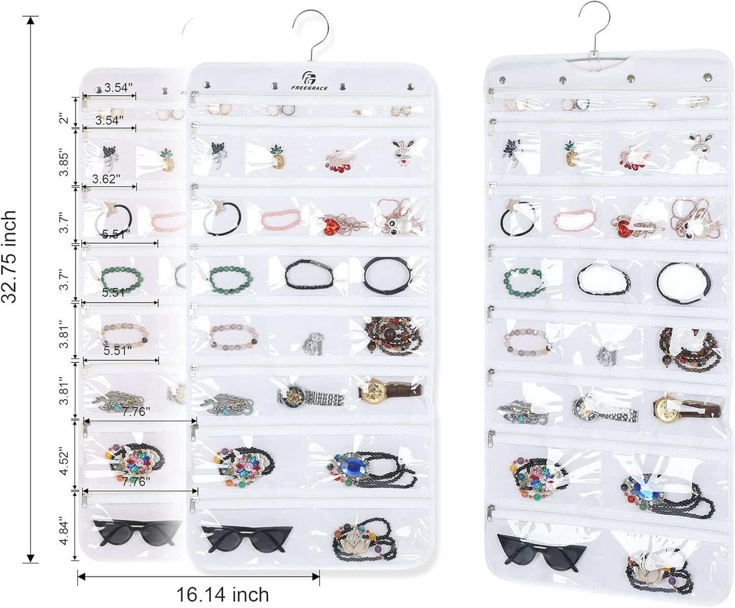 Freegrace Hanging Jewelry Organizer Revolving Hanger - Secure Zipper Closure - 50 Pockets - Foldable Storage & Display Solution - For All Jewelry & Bijoux (White)