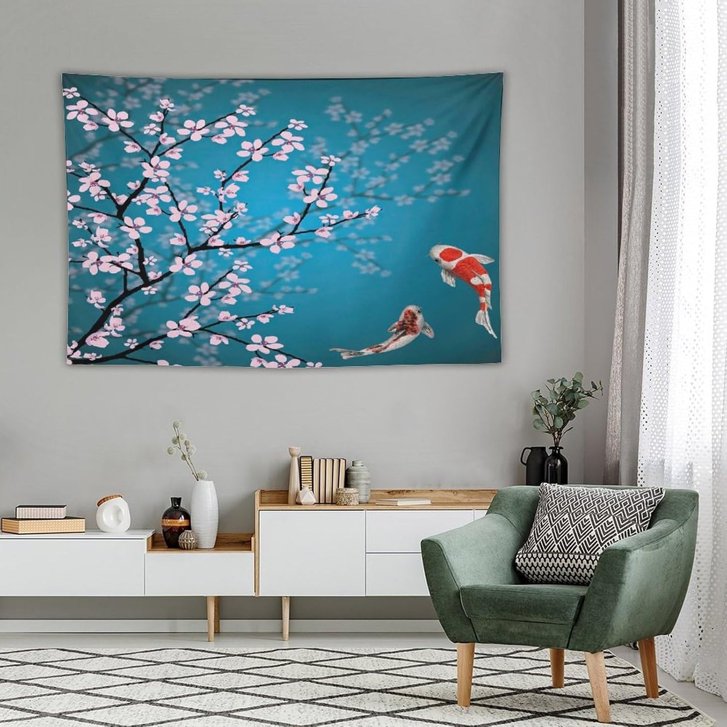 Houselerax Japanese Koi Fish Tapestry, Cherry Blossoms Asian Oriental Green Teal Flower Branch Koi Fish Carp Tapestries Wall Hanging for Bedroom Living Room Office Decor 60"x40"