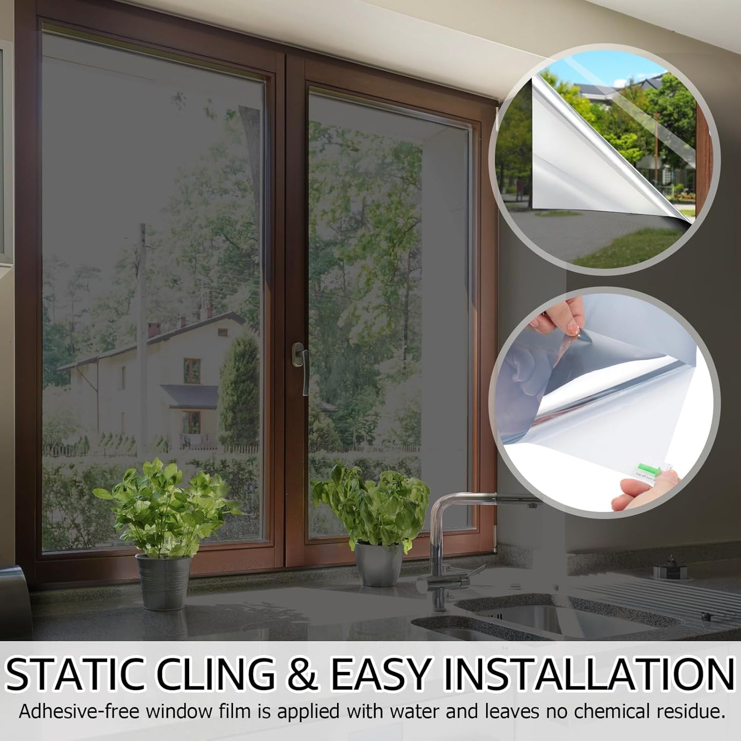 HIDBEA One Way Window Film, Daytime Privacy Sun Blocking Reflective Window Film No Glue Static Cling Heat Control Window Tinting Film for Home and Office, Black Silver, 45.3 x 78.7 Inch