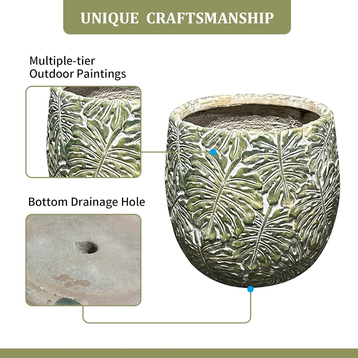 Craft flowerpots 18"+13"+19" Dia Round Concrete Planter Set of 3 Large Outdoor/Indoor Planter Pots Containers with Drainage Holes and Rubber Plug for Home Garden (Green, Large)