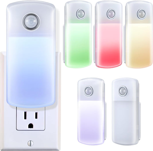 Enhon Emergency Power Failure Night Lights, 5-in-1 Multi Color LED Light, Rechargeable Flashlight with Foldable Plug, Automatic On Off Motion Sensor for Bedrooms, Hallways, Black Outs (6 Pack)