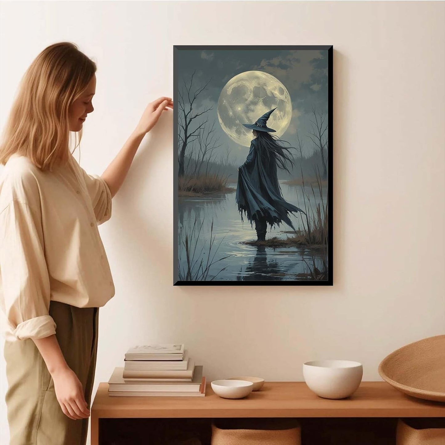 JFHCQJPK Witch in the moonlight magic canvas wall art enchanting Halloween home decor swamp witch silhouette oil painting mysterious gothic aesthetic wall decor print poster20x30in Metal blackFramed