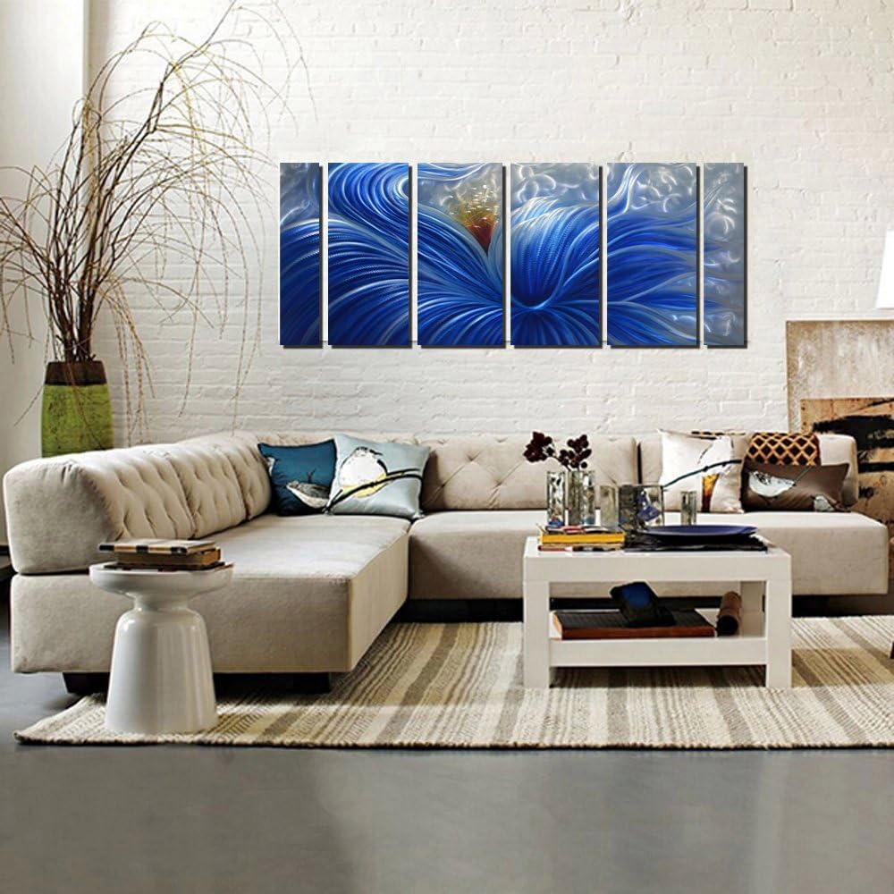 Metal Wall Art with Huge Blue Flower Design, Abstract Artwork for Modern and Contemporary Decor, Metal Wall Sculpture, Indoor Outdoor Wall Decorations, 6-Panels Measure 65" x 24"